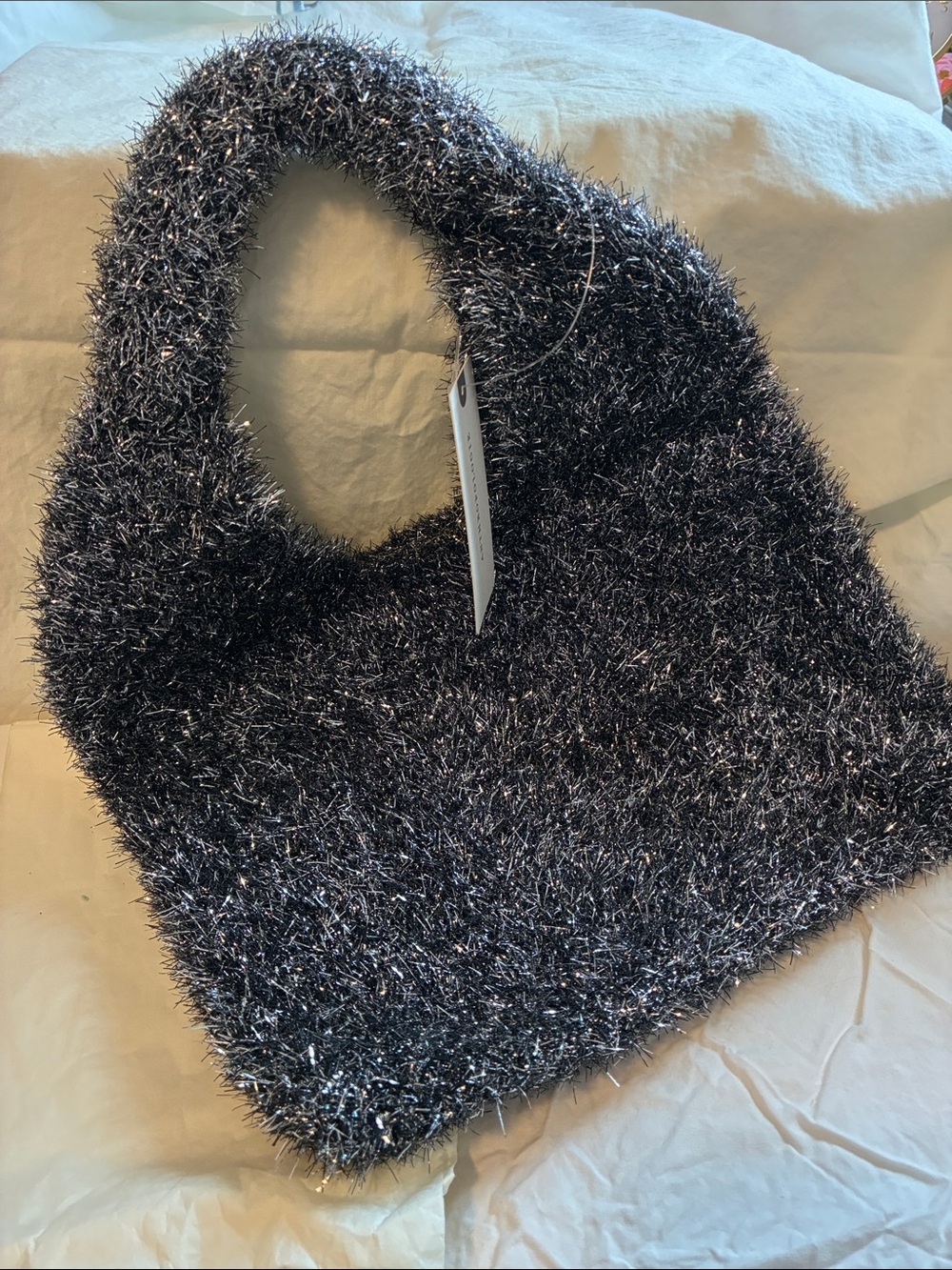 Anthropologie NWT Glittery Black and Silver Shag Hand Bag